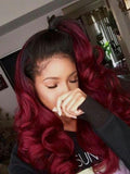 Body Wave 1b/99J Colored Front Lace Human Hair Wigs Ombre Burgundy Pre Plucked Brazilian Hair