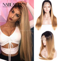 Ombre Honey Blonde Straight Front Lace Human Hair Wigs With Baby Hair Pre Plucked Bleached Knots