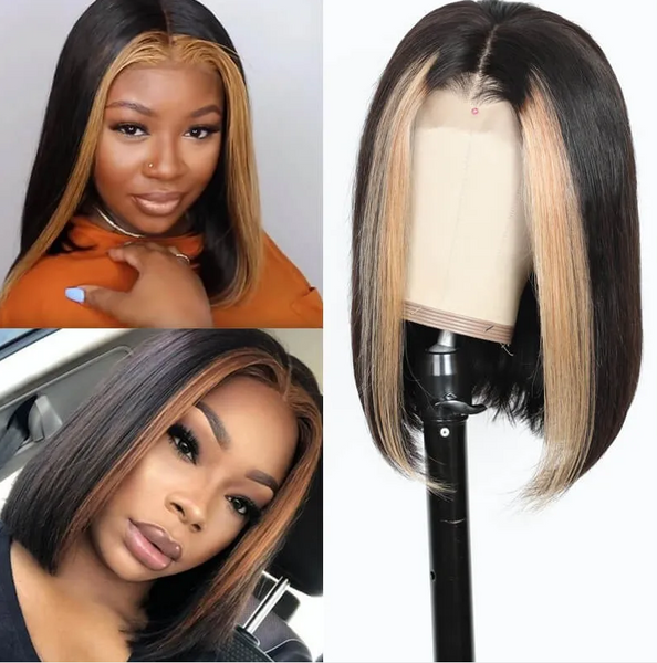 Honey Blonde Highlight Straight Bob Front Lace Human Hair Wigs Ombre Colored Prepluck With baby hair