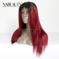 1B99J Front Lace Human Hair Wigs Straight  Brazilian Vrigin Hair 1B-Burgundy Pre Plucked Colored Human Hair Wigs