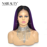 1B Purple Color Front Lace Wig Pre Plucked Ombre Straight Short Bob  Human Hair Wigs