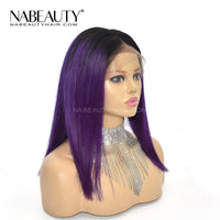 1B Purple Color Front Lace Wig Pre Plucked Ombre Straight Short Bob  Human Hair Wigs