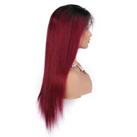 1B99J Front Lace Human Hair Wigs Straight  Brazilian Vrigin Hair 1B-Burgundy Pre Plucked Colored Human Hair Wigs
