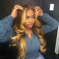Honey Blonde Highlight Wig Body Wave 1b 27 Ombre Human Hair Wig Bleached Knots Glueless Front Lace Wig